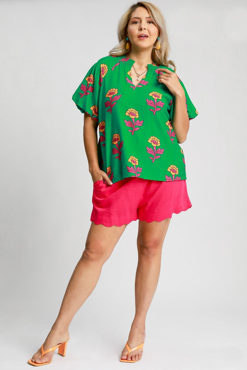 Umgee Bold Colored Floral Print Top in Green Mix June Adel