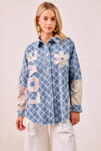Load image into Gallery viewer, BiBi Distressed Diamon Pattern Shacket with Twill Floral Patches in Denim/Cream Multi