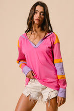 Load image into Gallery viewer, BiBi Color Block Jersey Knit and Ribbed Knit Hooded Top in Pink/Lavender/Orange