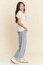 Load image into Gallery viewer, Davi & Dani Bow Print Peplum Top in Blue