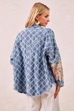 Load image into Gallery viewer, BiBi Distressed Diamon Pattern Shacket with Twill Floral Patches in Denim/Cream Multi
