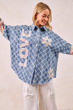 Load image into Gallery viewer, BiBi Distressed Diamon Pattern Shacket with Twill Floral Patches in Denim/Cream Multi