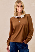 Load image into Gallery viewer, BiBi French Terry Top with Contrasting Striped Ruffle Collar in Dark Mocha