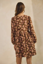 Load image into Gallery viewer, LovLov Corduroy Floral Print Mini Dress in Brown