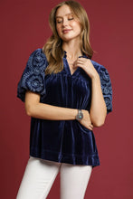 Load image into Gallery viewer, Umgee Solid Color Top with Embroidered Sleeves in Navy