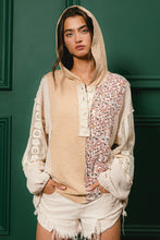 Load image into Gallery viewer, BiBi Knit Floral and Lace Hooded Top in Taupe