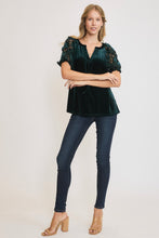 Load image into Gallery viewer, Umgee Velvet Split Neck Top with Lace Sleeves in Teal Green