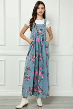 Load image into Gallery viewer, Veveret Painted Floral Print Denim Jumpsuit in Medium Wash
