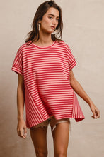 Load image into Gallery viewer, BiBi Textured Waffle Knit Striped Pattern Top in Pink/Red