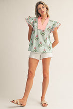 Load image into Gallery viewer, Jodifl Scallop Trim Accent Ruffle Sleeves Boho Floral Top in Mint