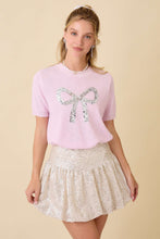 Load image into Gallery viewer, Main Strip Sweater Knit Top with Sequin Bow Front in Light Pink