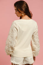 Load image into Gallery viewer, BiBi Solid Color Ribbed Top with Chenille and Sequin Floral Sleeves in Cream