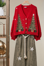 Load image into Gallery viewer, mello. Christmas Tree Embroidered Soft Cardigan in Red