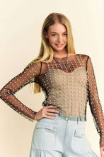 Load image into Gallery viewer, Davi & Dani Sheer Mesh Pearl and Stone Embellished Top in Black