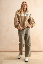 Load image into Gallery viewer, Miou Muse Half Zip Solid and Floral Print Sherpa Pullover Jacket in Tan/Green