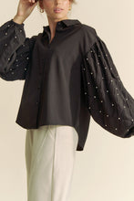 Load image into Gallery viewer, Davi & Dani Solid Color Button Up Top with Stone Embellished Sleeves in Black