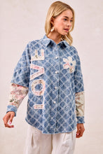 Load image into Gallery viewer, BiBi Distressed Diamon Pattern Shacket with Twill Floral Patches in Denim/Cream Multi