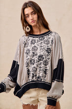 Load image into Gallery viewer, BiBi OVERSIZED Rose Twill and Stripe Mix n Match Top in Grey/Black
