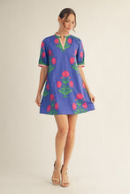 Load image into Gallery viewer, Jodifl Floral Print and Stripe Detail Shift Dress in Blue