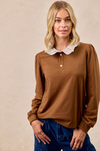 Load image into Gallery viewer, BiBi French Terry Top with Contrasting Striped Ruffle Collar in Dark Mocha