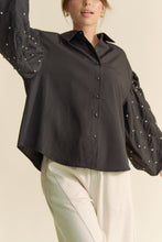 Load image into Gallery viewer, Davi & Dani Solid Color Button Up Top with Stone Embellished Sleeves in Black