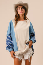 Load image into Gallery viewer, BiBi OVERSIZED Mixed Fabric Top with Stripes in Oatmeal