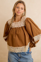 Load image into Gallery viewer, BiBi Solid Woven Balloon Sleeve Square Neck Blouse With Lace Trim in Camel