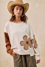 Load image into Gallery viewer, BiBi Color Block Textured Ribbed Knit Top with Flower Patches in Ivory/Brown