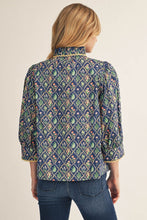 Load image into Gallery viewer, Jodifl Pleated Ruffled Neck Button Down Floral Top in Cobalt Blue