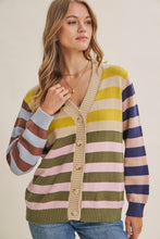 Load image into Gallery viewer, In February Playful Color Story Multi Color Stripe Button-down Cardigan in Natural/Olive Mix