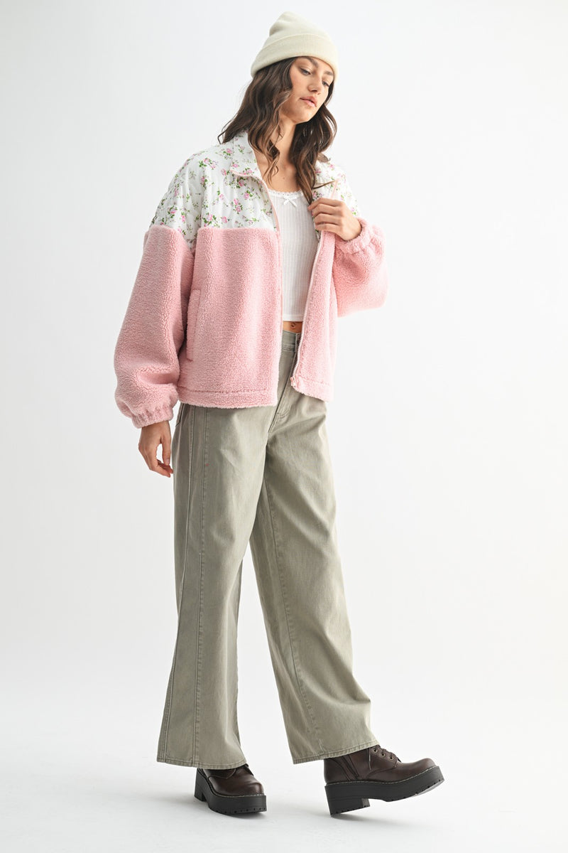 Wishlist Quilted Floral and Solid Sherpa Fleece Jacket in Pink
