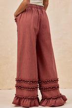 Load image into Gallery viewer, BiBi Washed Denim Wide Leg Pants with Ruffles in Washed Burgundy