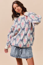 Load image into Gallery viewer, So Me Vintage Ribbon and Floral Knit Sweater in Blue Ribbon