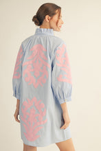 Load image into Gallery viewer, Jodifl Baroque Floral Applique Shift Dress in Powder Blue ON ORDER