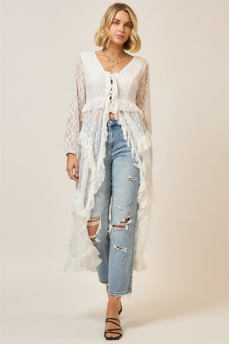 Cozy Co. Tiered Ruffled Lace Duster in Off White – June Adel