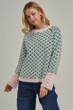 Load image into Gallery viewer, BON Soft Jacquard Geometric Sweater in Green/Blush