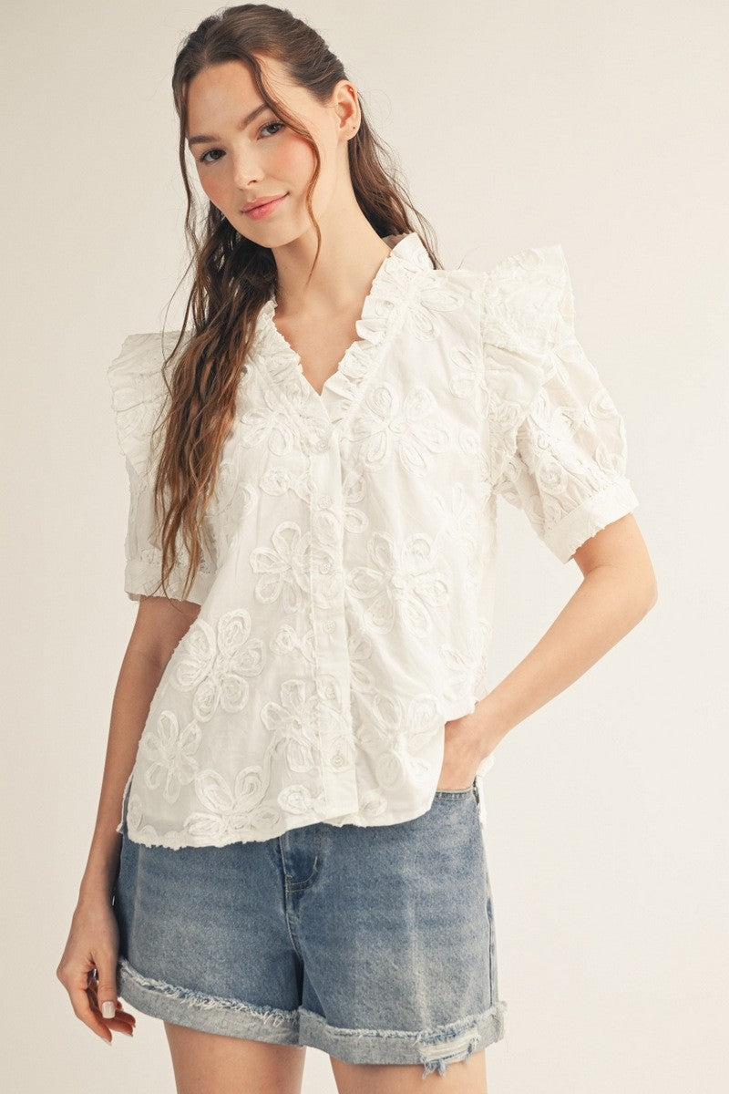 Jodifl Ruffle Detail Button Down 3D Floral Top in Off White – June