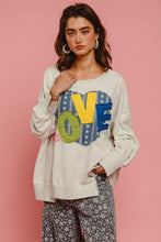 Load image into Gallery viewer, BiBi OVERSIZED French Terry Top with Heart & "LOVE" Letter Patches in Heather Grey