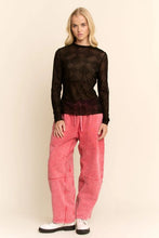 Load image into Gallery viewer, Davi & Dani Sheer Floral Mixed Velvet Mesh Top in Black