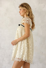 Load image into Gallery viewer, Storia Lace Contrast Ribbon Mini Dress in Cream/Black