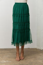 Load image into Gallery viewer, Polagram Polka Dot Tulle Ruffle Midi Skirt in Hunter Green