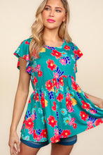 Load image into Gallery viewer, Haptics Floral Print Peplum Babydoll Top in Teal/Scarlet
