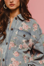 Load image into Gallery viewer, BiBi OVERSIZED Washed Denim Floral Print Shacket in Light Denim ON ORDER