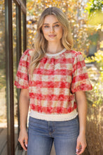 Load image into Gallery viewer, VOY Solid Ribbed Band Bubble Sleeve Plaid Top in Red