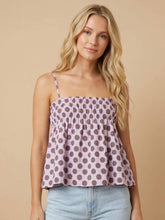 Load image into Gallery viewer, J.nna Dot-Print Ruffled Babydoll Camisole in Purple Dot