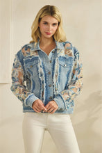 Load image into Gallery viewer, Veveret Denim Jacket With Floral Organza Inset in Medium Wash