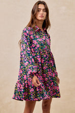 Load image into Gallery viewer, BiBi Floral Print Half Button Front Mini Dress in Navy/Fuchsia