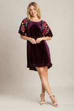 Load image into Gallery viewer, Umgee Velvet Mini Dress with Floral Embroidery in Eggplant
