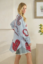 Load image into Gallery viewer, Oli & Hali Mineral Washed OVESIZED Top with Mixed Plaid Heart Patches in Blue
