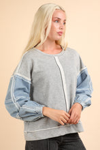 Load image into Gallery viewer, Very J OVERSIZED Terry Knit Top with Denim Sleeves in Heather Grey